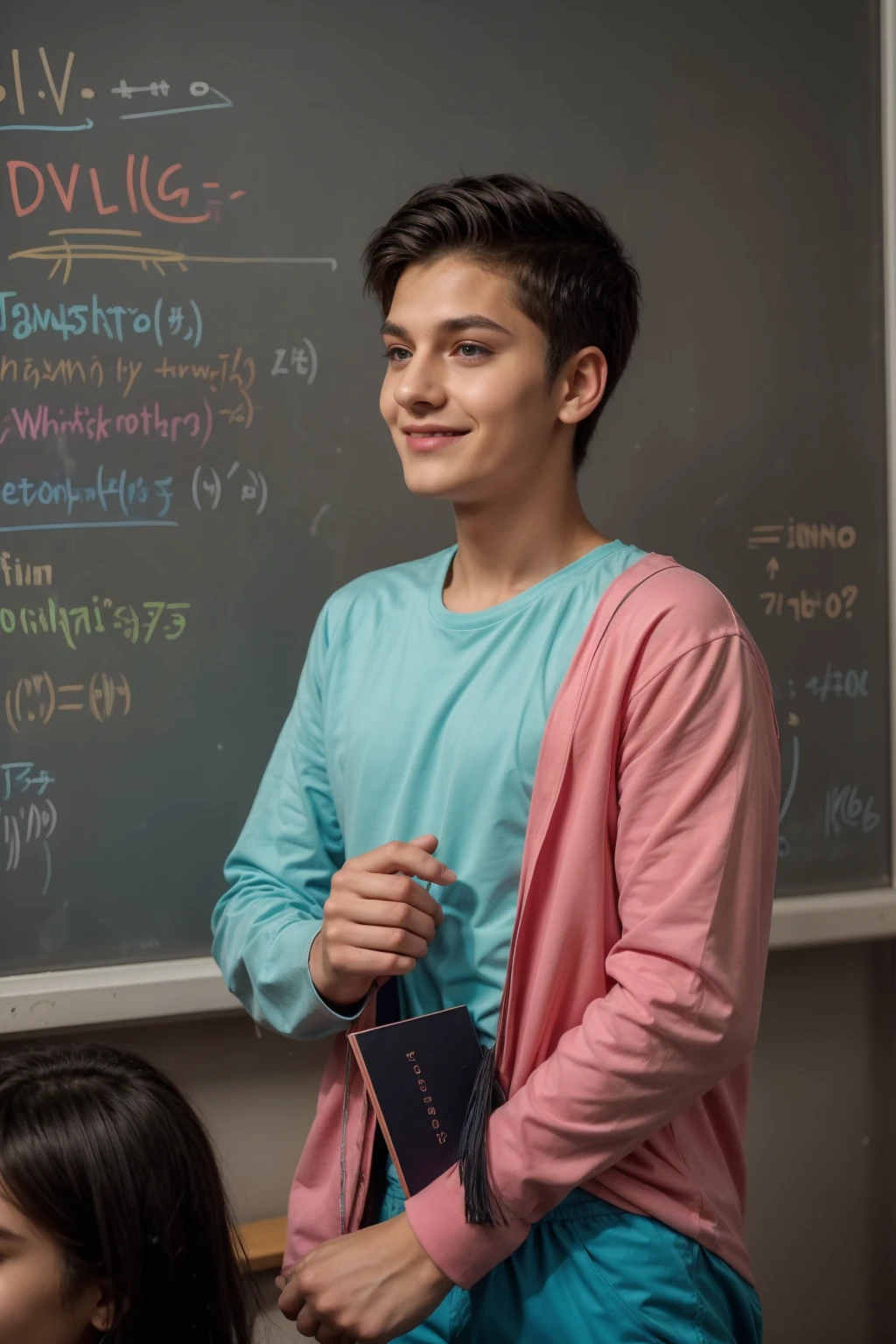 A beautiful young twink, cute male, with black hair and a face with makeup. He is wearing a bright pink long-sleeved shirt and aqua blue pants. He is in his graduation speech, talking enthusiastically about calculus. Behind him is a blackboard with calculus written on it, and he looks proudly as he He has a red face with makeup on