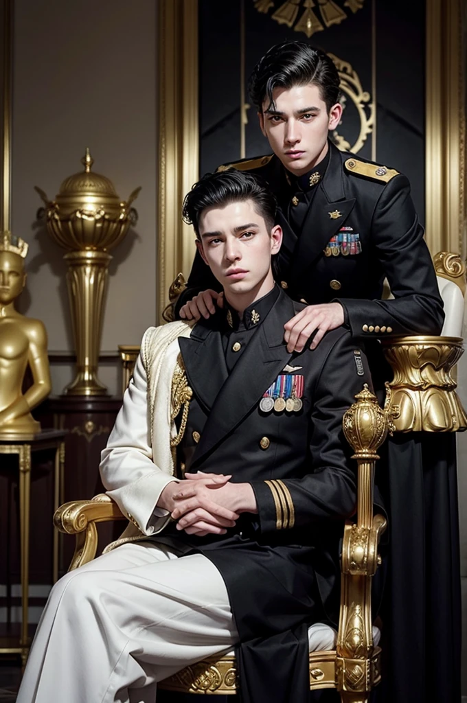 Young white man, military style shaved black hair, wearing royal suit, sitting on a throne and hugging many giant golden trophies. In the background guards watching him.