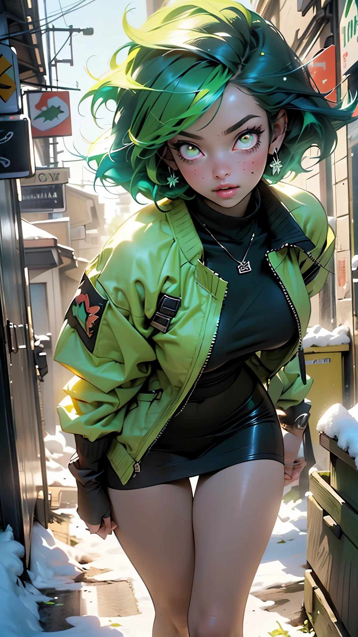 girl,1girl,((extremely cute and beautiful green haired girl)),((())),(large breasts:1.2),((((green hair:1.35,(disheed hair),bright green hair,short hair,iridescent colors turquoise and green glowing colors,colored inner hair)))),((yellow_eyes:1.5)),glowing eyes,intricate eyes,beautiful detailed eyes,symmetrical eyes,Big eyes:1.5,((fat)),(((lustrous skin:1.5,bright skin: 1.5,skin tanned,shiny skin,very shiny skin,shiny body,plastic glitter skin,exaggerated shiny skin,illuminated skin))),(spider lower abdomen,narrow waist,wide hip,athletic body,inflated legs,thick thighs,detailed body,(detailed face)),

cute,slutty,seductive,erotic,(nsfw),

wearing green winter clothes,(green Santa Clothes:1.3),girl wearing ((green fleece snowcoat)) and fair isle patterned sweater in Petrina Hicks style,(Fashionable clothing:1.1),((schoolgirls)ion Model,green and aquamarine,fair isle pattern,(modern nordic,urban sporty),textured surfaces,(((intricate outfit,intricate clothes))),

(dynamic pose:1.0),drinking hot chocolate,(centered,scale to fit dimensions,Rule of thirds),

((snowy pine forest)),winter,scenery:1.25,((intricate scenery)),((snow forest background)),

(Glossy winter ornaments),highres,sharp focus,(ultra detailed,extremely detailed),(photorealistic artwork:1.37),(extremely detailed CG unity 8k wallpaper),(((vibrant colors,vibrant theme))),(intricate),(masterpiece),(best quality),artistic photography,(photography taken by sldr),(intricate background),perfect rendered face,perfect face details,realistic face,photo realistic,analog style,((intricate detail)),(((realism))),
