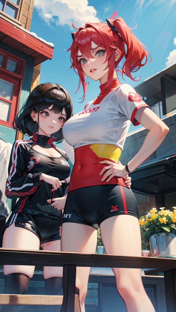 photo of two fronfose girls, both busty and big-assed , sports top, elastic sports shot