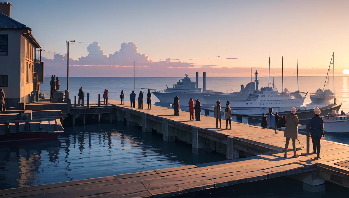 (masterpiece:1.5), (best quality:1.5), (extremely detailed:1.5), port, (sailing port), (industrial era:1.5), (people on line:1.5), line on dock, old dock, ((people waiting on dock)), water, sunet, sunset color, dark blue water, (view on sea), sunset color, sunset, stone port, large sea, (sea at horizon), sea, (no boat or ship on the dock), great sea, (no boat on sight), (no ship)