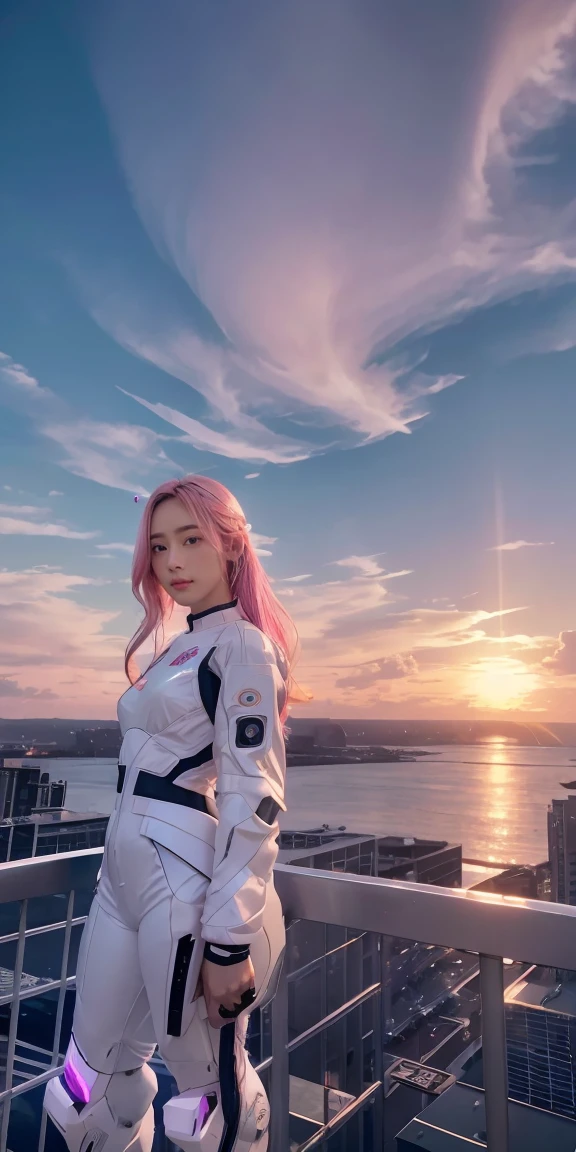 ((masterpiece, best quality, extremely detailed), volumetric lighting, ambient occlusion, colorful, glowing),
1girl, solo, young girl, (pink hair), long hair, halo, aura, sacred, godness, cyber suit, (white outfit:1.3), android, bot, angel wings,
outdoors, sunset, sky, clouds, space, (cyberpunk theme:1.2),