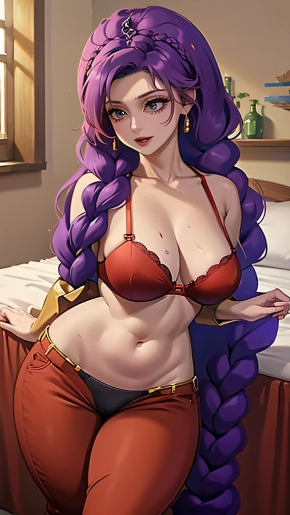  a sexy girl big breast long purple hair wavy braids dresses red belly bra and long red pants happy Arabia