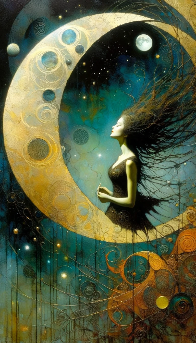 a woman dancing on a cloud during an eclipse, inspired by Dave McKean, intricate details, oil painted