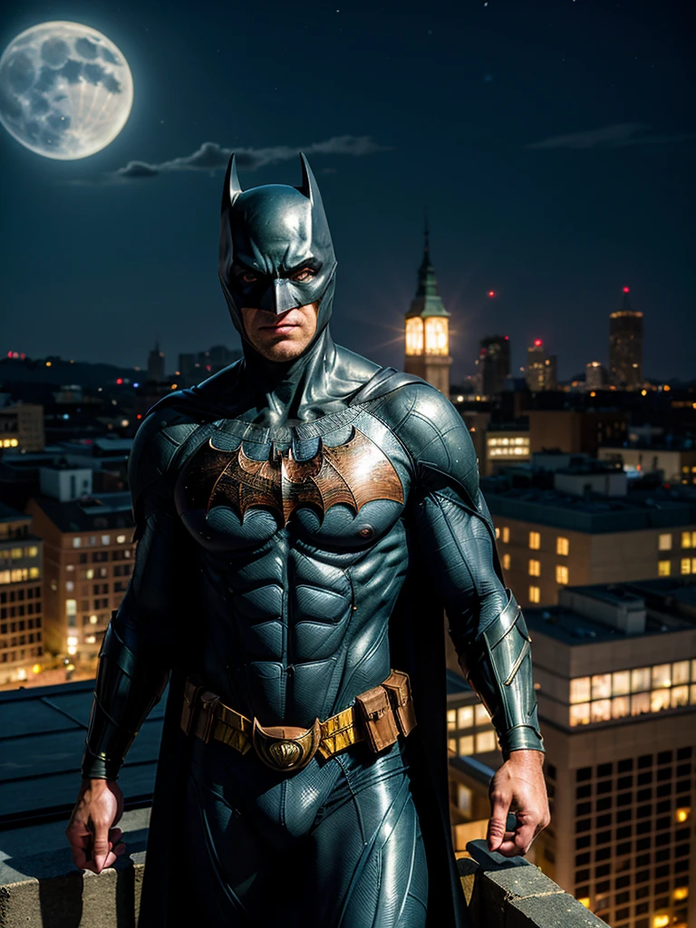 (best quality, masterpiece, highest detailed), (photorealistic:1.2), (detailed light:1.2), (Realistic skin texture:1.4), raw photo, comic book style, Batman, looking at the viewer, posing on the roof of a building, night,  moonlight passes through hair