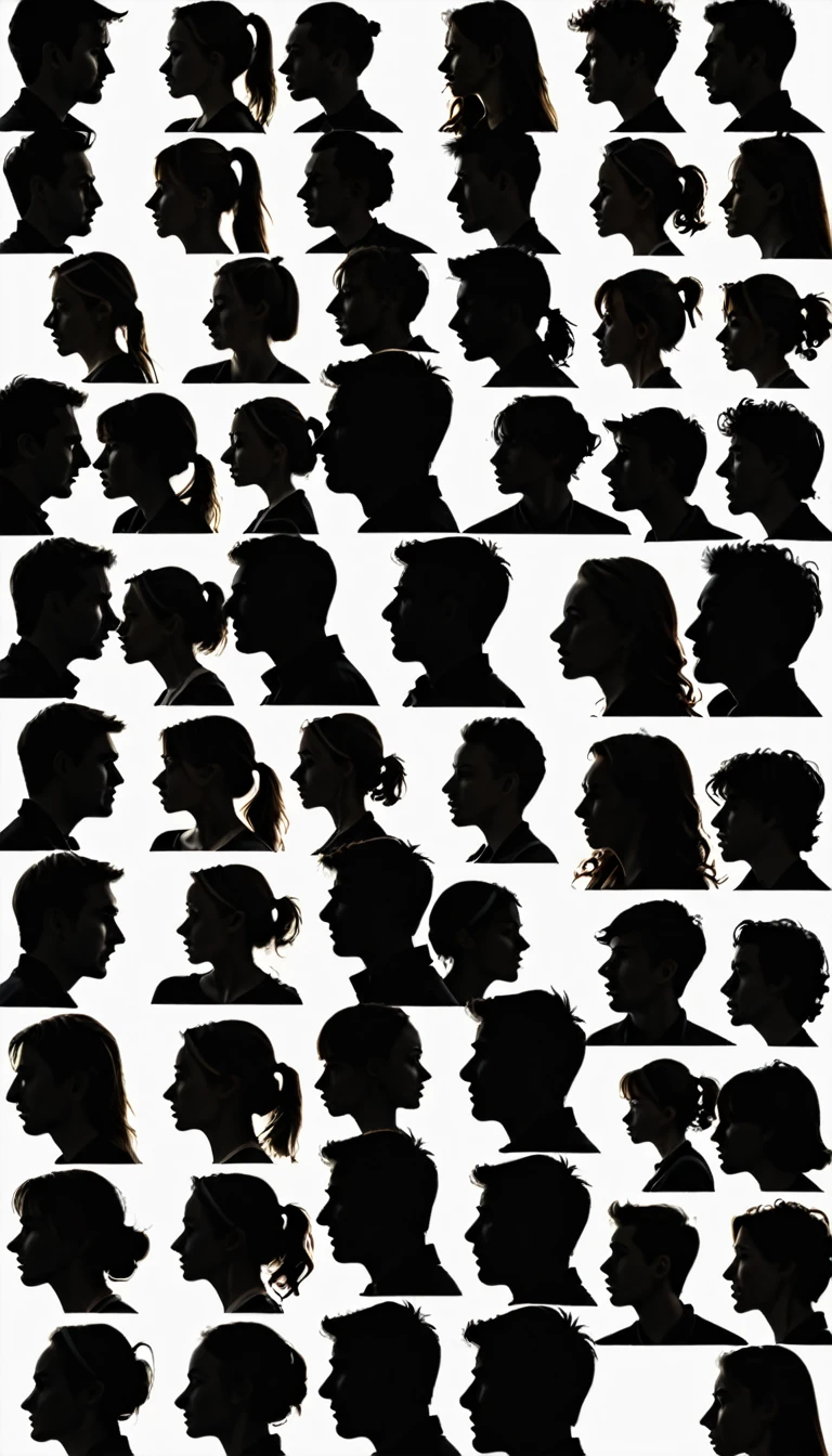 silhouettes of the profile of random people, faces should be facing the same way, on a white background