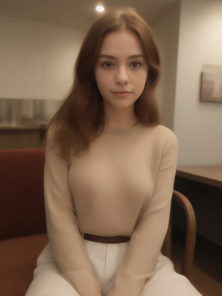 Generate: Realistic, amber haired girl
Face: brown eyes, small frekels (very low quantity), smooth small nose, ears part visible
Body: wearing red wool pullover, see thru , small waist, thick , hips: middle wide,
Environment: amsterdam cirty cafe at day
Lighting : dawn but generated person fully visible.
Body position: sitting down on a brown chair
Coffee in hand
Make the face a little less smooth and add a few freckels to the nose and cheeks