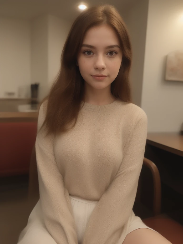 Generate: Realistic, amber haired girl 
Face: brown eyes, small frekels (very low quantity), smooth small nose, ears part visible 
Body: wearing red wool pullover, see thru , small waist, thick , hips: middle wide,  
Environment: amsterdam cirty cafe at day
Lighting : dawn but generated person fully visible.
Body position: sitting down on a brown chair 
Coffee in hand

Make the face a little less smooth and add a few freckels to the nose and cheeks 