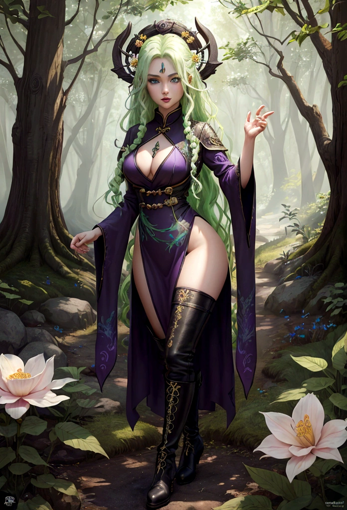 high details, best quality, 16k, [ultra detailed], masterpiece, best quality, (extremely detailed), full body, ultra wide shot, photorealistic, fantasy art, dnd art, rpg art, realistic art, an ultra wide picture of a exotic, exquisite beautiful woman wearing ((black Cheongsam with lively vivid flowers, the flowers grow from the Cheongsam to be alive : 1.5), she wears, (knee high laces heel boots: 1.2), (light green hair: 1.2), long hair, wavy hair, pale skin, (deep blue eyes, Intense gaze: 1.2), fantasy druid grove background, dynamic background, high details, best quality, highres, ultra wide angle, GlowingRunes_purple, dress