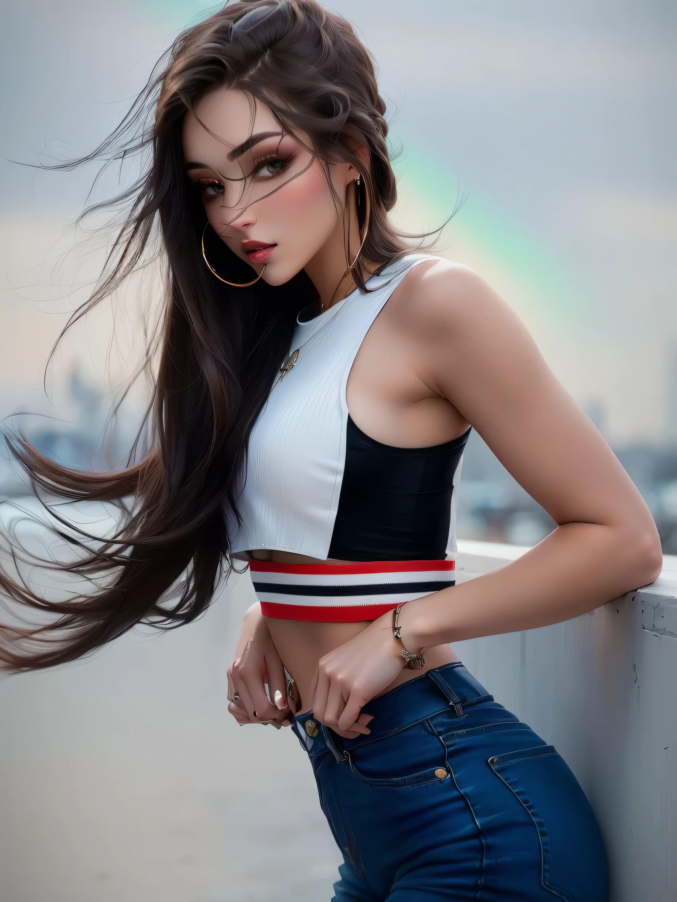 araffed woman with long hair wearing a crop top and jeans, wearing a sexy crop top, breathtaking beauty, enges Outfit, with long hair, Anna Nikonova alias Newmilky, Casual pose, wear a crop top, 2 4  old female model, waist long hair, Beautiful belly, attractive pose, sexy girl with dark brown hair