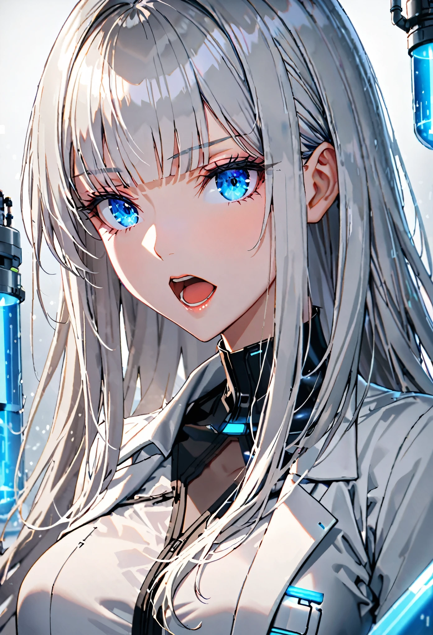 female, silver hair, long hair, straight bangs, large breasts, white lab coat, blue eyes, cryogenic lab, blouse, black jeans, warm, futuristic, open mouth, extremely tall, close up