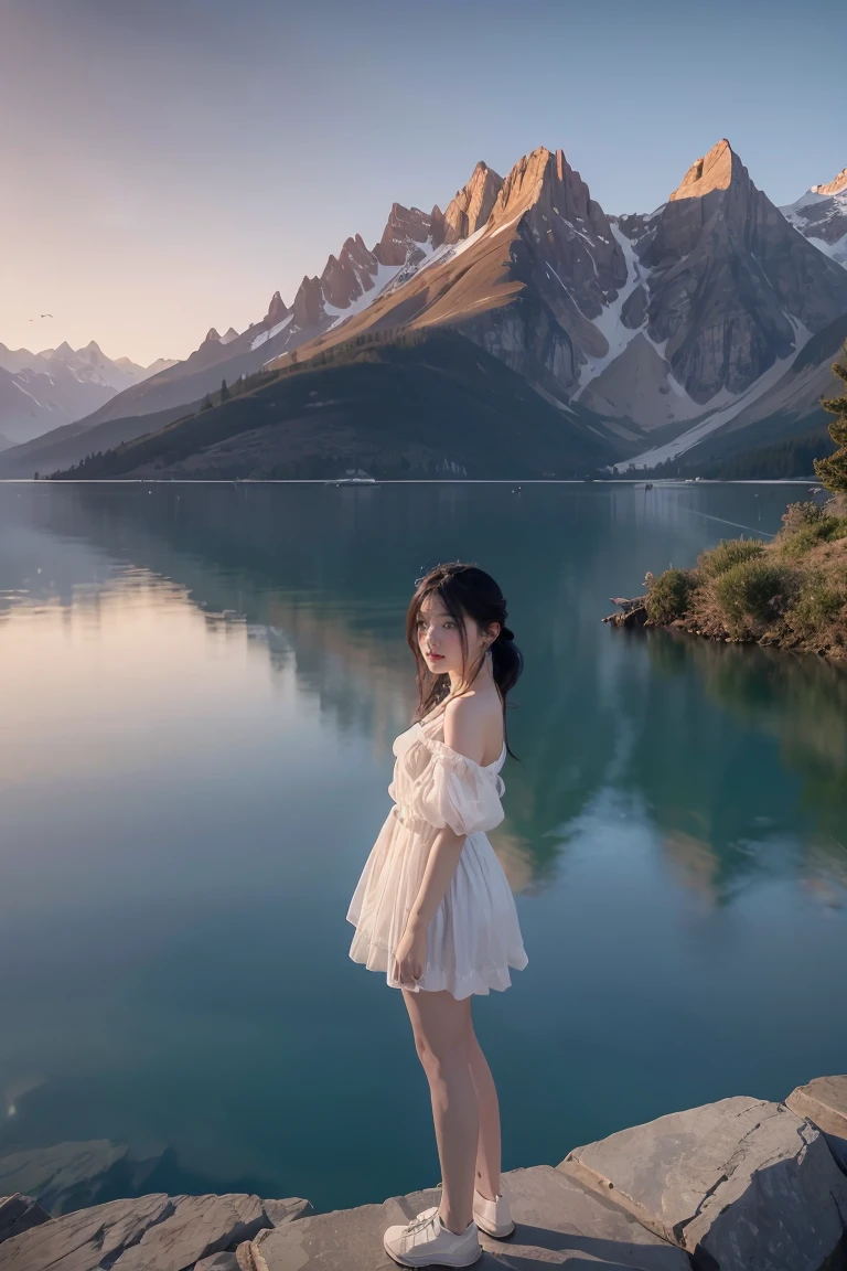  ,1 girl, solo, mountains and a lake with a moon in the sky, 4k highly detailed digital art, 4 k hd wallpaper very detailed, impressive fantasy landscape, sci-fi fantasy desktop wallpaper, unreal engine 4k wallpaper, 4k detailed digital art, sci-fi fantasy wallpaper, epic dreamlike fantasy landscape, 4k hd matte digital painting, 8k stunning artwork ,  1 girl, solo,