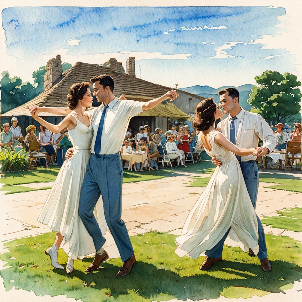 watercolor drawing in Retro-Look, rural saxones village, man and woman dance, full body shot, in the style of classic Americana, white background, Andrew Loomis style, Masterpiece work of art,