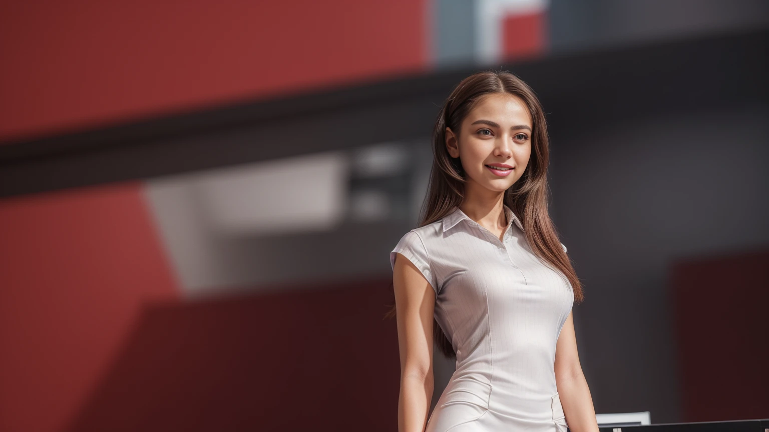 8k, masterpiece, RAW photo, best quality, photorealistic, extremely detailed CG unity 8k wallpaper, Depth of field, Cinematic Light, Lens Flare, Ray tracing, (extremely beautiful face, beautiful lips, beautiful eyes), intricate detail face, ((ultra detailed skin)), ((1girl:1.9)), ((standing alone:1.9)), ((19years old)), (beautiful and aesthetic:1.2), (big smile:1.2), deep shadow, (sharp focus), [((Raiana-Elizabeth-Dilla:1.9))], pretty girl, (very slim slender fit-muscled body:1.9), (((business-style fashion:1.9))), (((modern office background:1.9))), (shiny skin), clear eyes, (pale skin), soft lighting, (flowing dark-black hair), (looking at viewer:1.9),highly detailed, ultra realistic, extremely detailed and realistic ((red:1.5)) clothes.