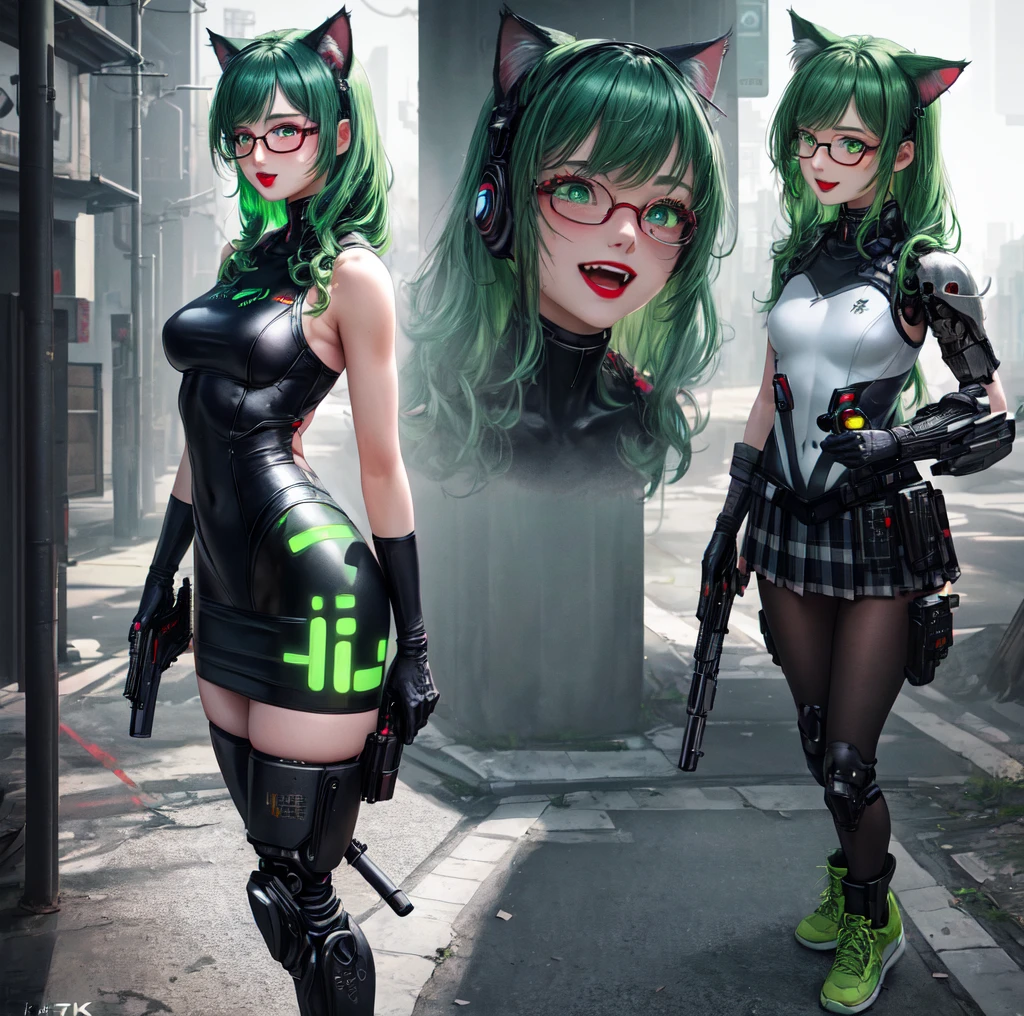 masterpiece)), (best quality), expressive eyes, ((perfect face)), highly detailed, heart, (highly detailed eyes), (highly detailed face), ((4K)), ((8K UHD)), (((ultra-high texture quality))),( ultra-high pixel texture), (hyperdetailed), DLSR, RTX, (((HDR))), (Absurdres), ((Japanese text)), (shiny skin), (oily skin), perfect hands, perfect eyes, perfect skin, (((ultra-delicate face))), ((delicate eyes)), double eyelids, beautiful and delicate photo, detailed background,
BREAK,
(Girl,(catgirl), (cat ears), cat tail , long hair, (neon green hair),cyan hair strand, curly hair, (holding gun),cyberpunk, long straight hair, (light green eyes) ,delicate eyelashes, (big adorable eyes, 🥺), (adult), (mature woman), , (round hips), (small breasts), cute, blushing, (fashion model), (sexy), flirty, (dark red lipstick), (green mascara and eyeliner), (foucs) , sneakers, ((grining, laughing)),hand hold a pistol
BREAK,
( cyberpunk armor, cyborg, leotard ),glasses, (big lazer gun), hair ribbon , (intricate-green leotard,boots, leotard),
BREAK,
(green checkered school skirt), skirt, black wooly pantyhose, (intricate-green checkered school skirt),
((Standing on the right))),((Looking to the left side)), ((right side view of cat girl)), (90 degrees), ((zoom out)), ((standing in street )),((holding a gun)))