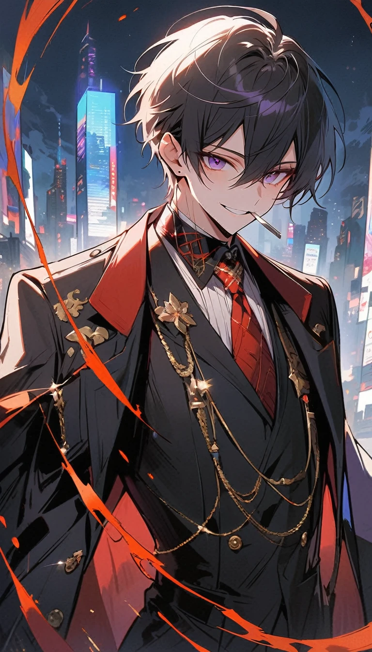 good looking, alone, 1 male, short hair,  Smile Facial,1. Boy with black and purple hair,  Moderate height, Slim body, Long coat, Black lining,good looking, short hair, Black Hair, Rainbow Hair, Purple eyes, 先端がスモーキーグレーのBlack Hair,  smoking, Black light,smile、, Bright, sharp eyes illuminate the scene,uniform,Fewer accessories,whole body,Background white,(masterpiece, Highest quality), Yishang_edge, Default_Costume, One boy, alone, Red tie, Black jacket, Black vest, Jacket on shoulders, White shirt, Collared shirt, Black trousers, View your viewers, city, night, knife,紫色に光るknife身,View your viewers, city, night, From below