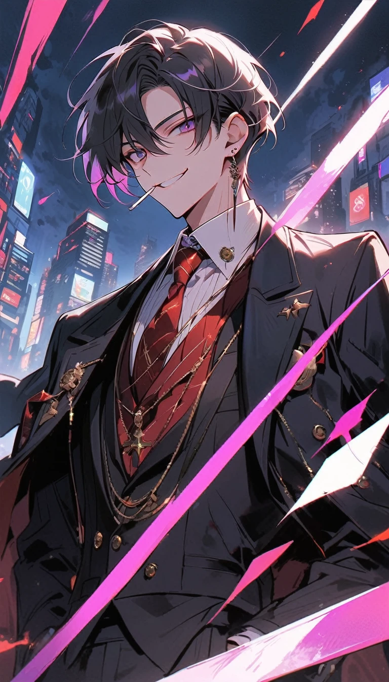 good looking, alone, 1 male, short hair, Smile Facial,1. Boy with black and purple hair, Moderate height, Slim body, Long coat, Black lining,good looking, short hair, Black Hair, Rainbow Hair, Purple eyes, 先端がスモーキーグレーのBlack Hair, smoking, Black light,smile、, Bright, sharp eyes illuminate the scene,uniform,Fewer accessories,whole body,Background white,(masterpiece, Highest quality), Yishang_edge, Default_Costume, One boy, alone, Red tie, Black jacket, Black vest, Jacket on shoulders, White shirt, Collared shirt, Black trousers, View your viewers, city, night, knife,紫色に光るknife身,View your viewers, city, night, From below