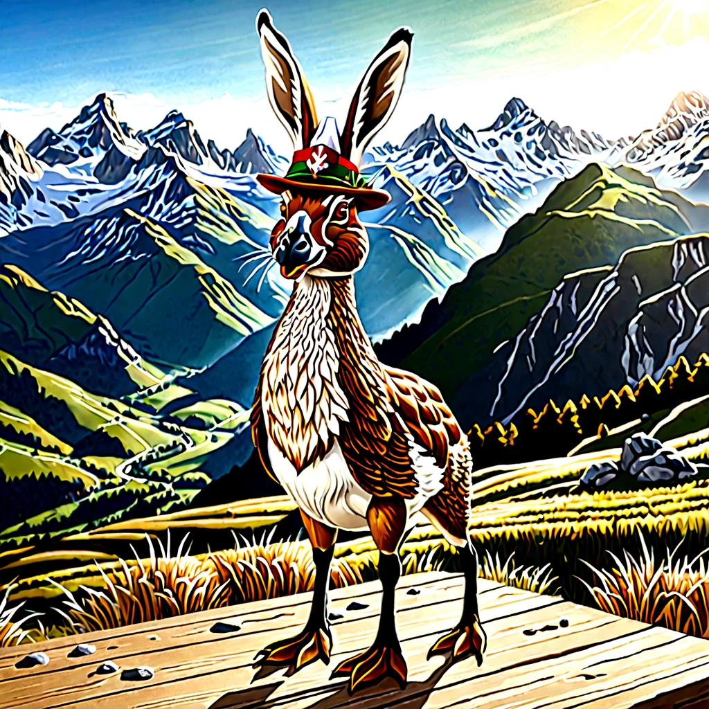 a detailed, hyperrealistic 4K illustration of a Bavarian wilpertinger made from a duck, a hare, and a deer, wearing a Tyrolean hat, with sharp edges, in a mountainous landscape background