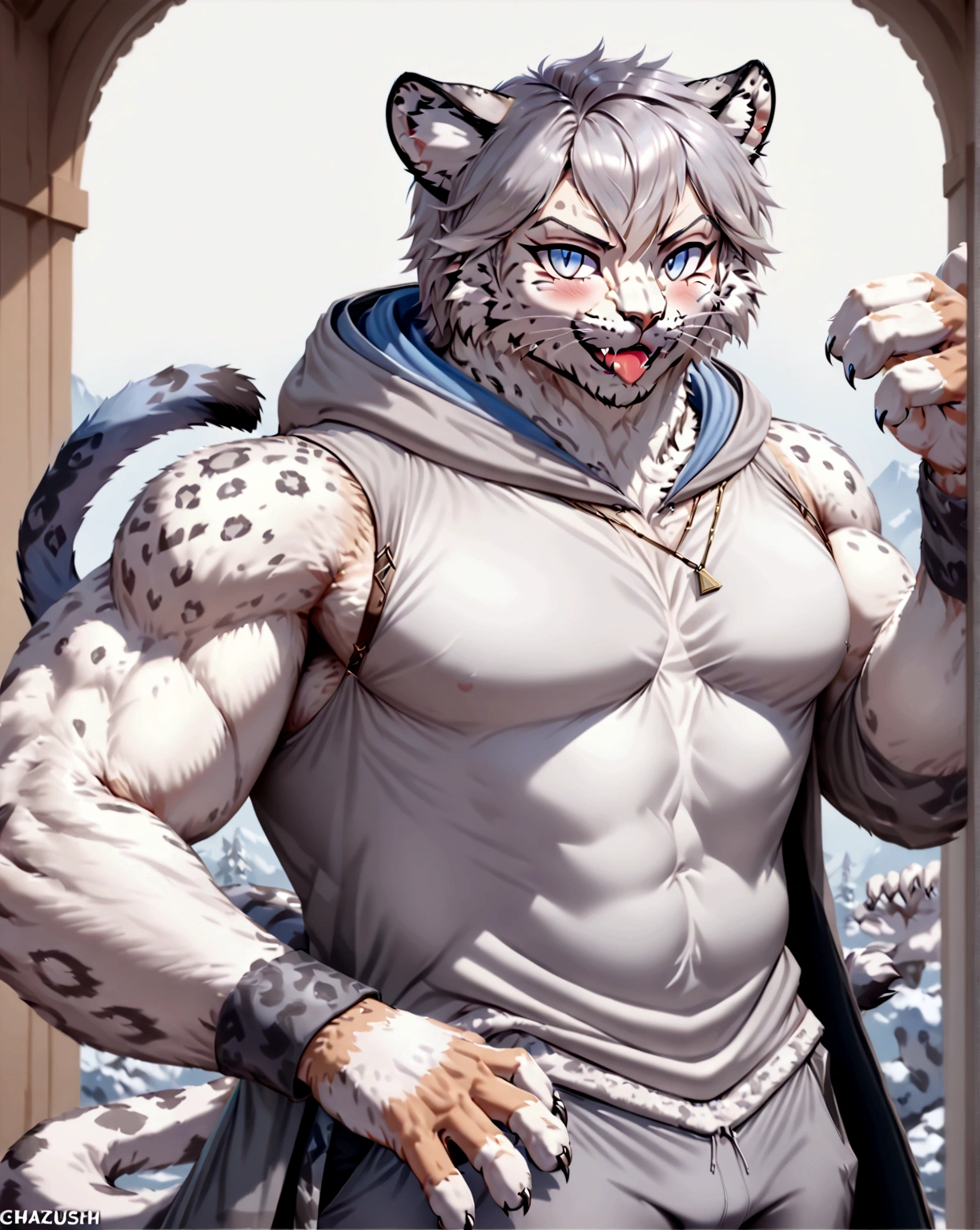 rolfac, white fur, bara, tail, blue ears,  (pose:1.3), (posing:1.3), (soft shading), 4k, hi res, five fingers, detailed hands, ((detailed face, (detailed eyes:1.0), detailed)), by zackarry911, by zaush, (by personalami:0.5), looking at viewer, blush, blue eyes, 1boy, male focus, cowboy shot, sleeveless, pants, hood, fangs, hooded jacket, hand in pocket, grey pants, sleeveless jacket muscular man with snow leopard ears and tail