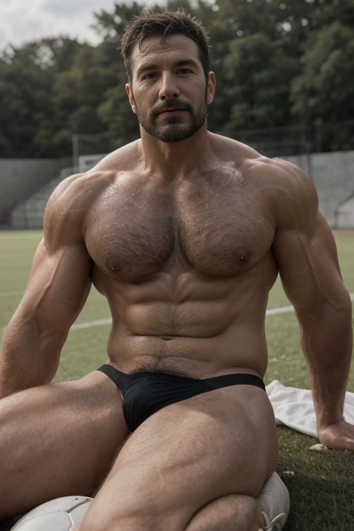 (((Muscular man))) masterpiece, best quality, high resolution, closeup portrait, male focus, solo focus, A man, 50 years old, grey hair, soccer player, football player, grey silver hair, messy hairstyle, cute and seductive face, bare chest, body hair, facial hair, roman nose, , hairy legs, cute, dimples, goatee and mustache, bold jawline , full body, sweaty, in the background an outdoor soccer football field, amazing composition, , HDR, ultra quality, elegant, highly detailed,, beautiful asd, realisric male genitalia (((Big muscles))) (((black thong))) (((lay down))) penis out