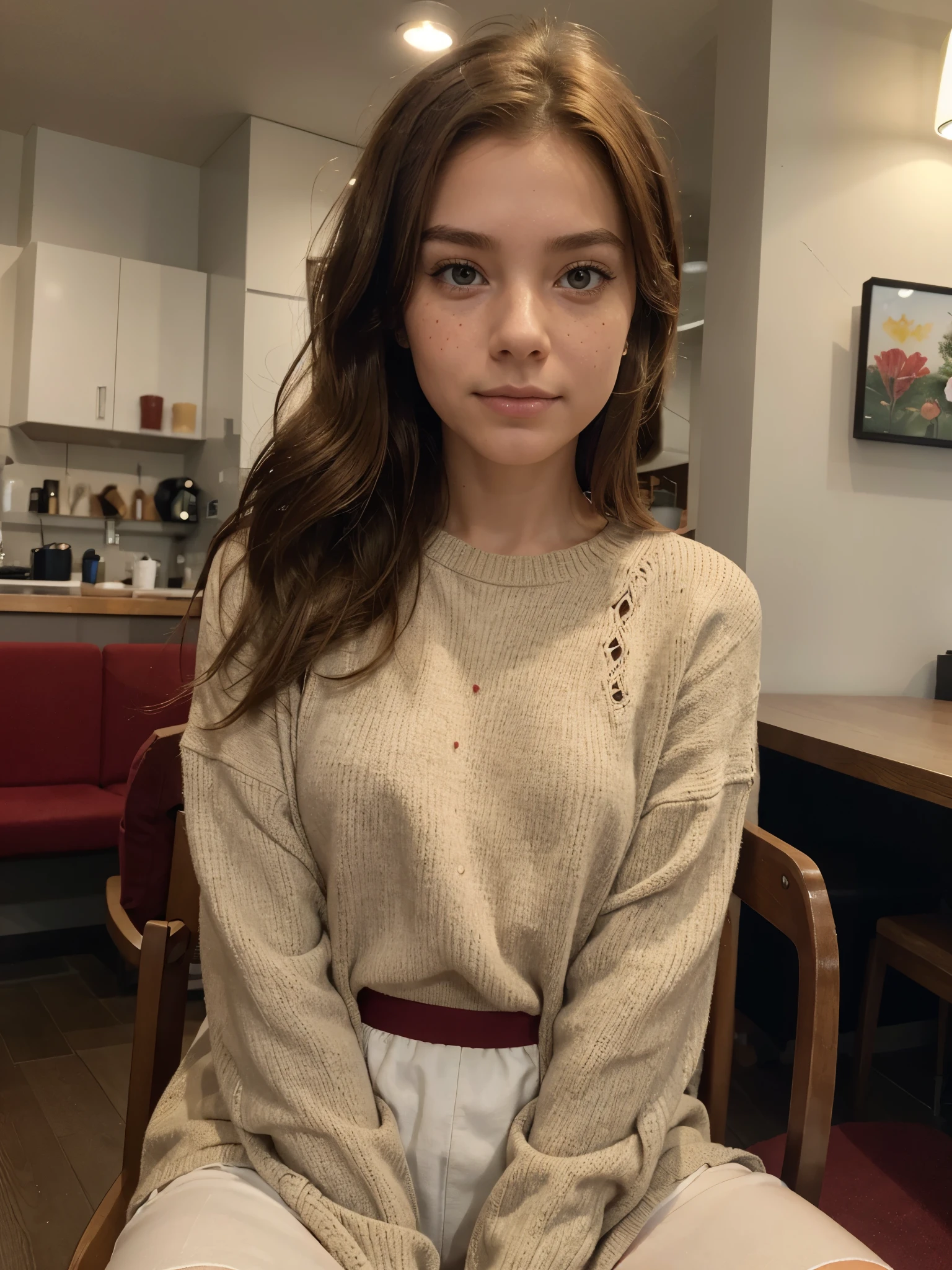 Generate: Realistic, amber haired girl
Face: brown eyes, small frekels (very low quantity), smooth small nose, ears part visible
Body: wearing red wool pullover, see thru , small waist, thick , hips: middle wide,
Environment: amsterdam cirty cafe at day
Lighting : dawn but generated person fully visible.
Body position: sitting down on a brown chair
Coffee in hand
Make the face a little less smooth and add a few freckels to the nose and cheeks