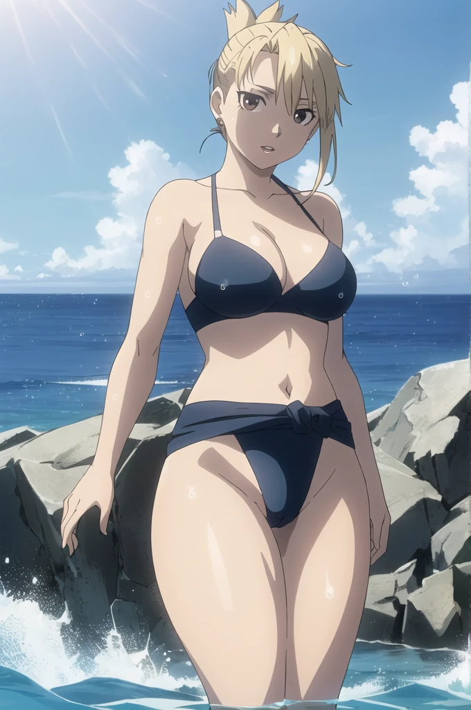 RH, folded ponytail, perfect quality, good quality, masterpiece, HDR, UHD, 1girl, solo, looking at viewer, big breasts, lips, blue bikini, huge breasts, small waist, thick thighs, nice thighs, cameltoe, in water, wet, at beach, ocean, waves, clear water, sunny sky, bright day, clear sky, cleavage, perfect quality, good quality, masterpiece, HDR, UHD, 4K, ultra hd, in frame, perfect quality, good quality,