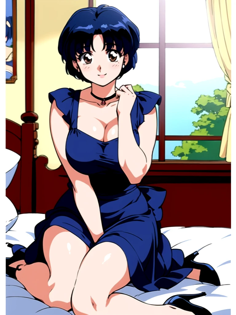 HDR, CG, sharp focus, (8k), (4k), masterpiece, best quality, detailed skin, extremely detailed, hiper detailed, sharp focus, looking at viewer, high quality, AKANE, Akane tendou, short hair, blue hair, brown eyes ,curtain pelvic DRESS, tetas grandes, blush, solo, 1girl, sit on BED, BEDROOM background, hands on chest, heels, black dress, smile,  