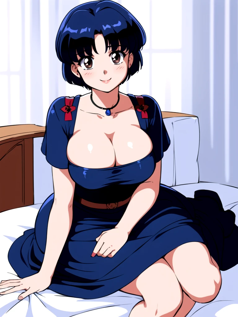 HDR, CG, sharp focus, (8k), (4k), masterpiece, best quality, detailed skin, extremely detailed, hiper detailed, sharp focus, looking at viewer, high quality, AKANE, Akane tendou, short hair, blue hair, brown eyes ,curtain pelvic DRESS, tetas grandes, bLush, solo, 1girl, sit on BED, BEDROOM background, hands on chest, heels, black dress, smile,  
