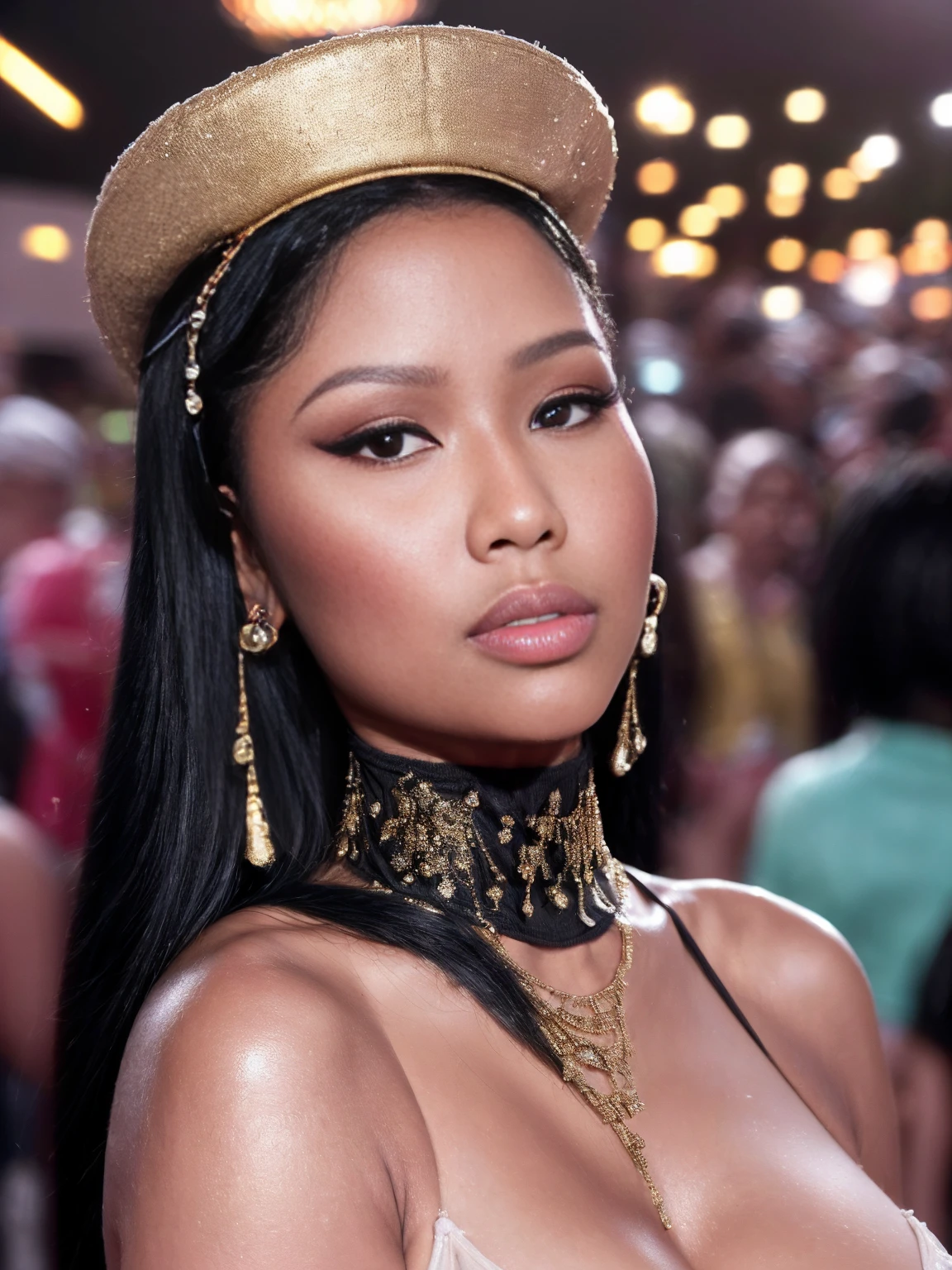 ((THE GIRL IS NICKI MINAJ 1.5)), ((NSFW 1.3, PORN 1.3, NAKED 1.3, EXPOSED VAGINA 1.2, EXPOSED BREASTS 1.2)), ((Nicki Minaj is a famous rapper 1.2, lots of bling 1.2 1.2, lots of jewelry 1.2, holding lots of dollar bills 1.2, gold chain necklace 1.2, designer cap full of jewels 1.2)), ((FULL BODY SHOT 1.3)), ((20 year old girl 1.2, naughty seductive smile 1.2)), ((beautiful light brown woman 1.2, short shoulder length hair 1.2, short and curvy girl 1.2, very curvy body 1.2, voluptuous 1.2)), ((big breasts 1.2, very wide hips 1.2, curvy figure 1.2, extremely alluring figure 1.2)), ((perfect cleavage 1.2, perfect ass 1.2, perfect feminine body 1.2, perfect curvy proportions 1.2)), (masterpiece, best quality:1.2), 1girl, solo, (best quality,4k,8k,high resolution,masterpiece:1.2), realistic (1.37) girl, ((hyper realistic 1.2)), ((highly detailed face 1.2, Detailed facial features 1.2)), ((showing her ass to the viewer 1.2, twerking 1.2, dynamic action pose 1.2))), ((club 1.2, dance floor in a night club 1.2, disco lights 1.2, surrounded by dancing people 1.2))