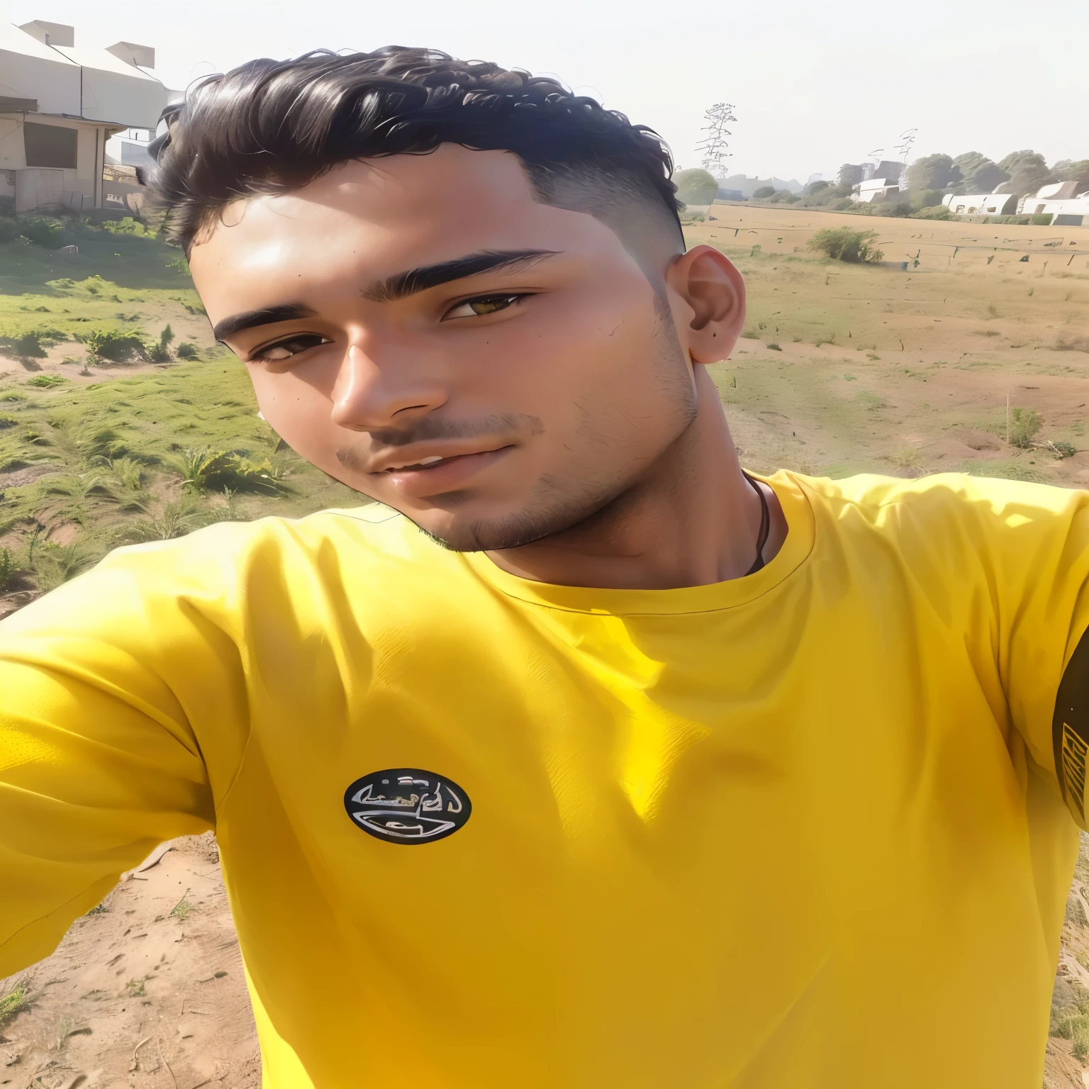 arafed man with a yellow shirt taking a selfie in a field, mohamed chahin, with accurate face, around 1 9 years old,  profile picture, wearing a modern yellow tshirt, riyahd cassiem, sunny day time, in sunny weather, mohamed chahin style, photo taken in 2 0 2 0, inspired by Bikash Bhattacharjee