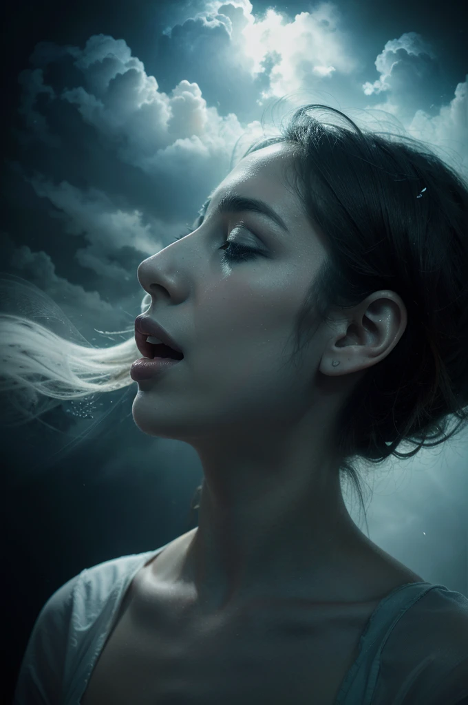 A surreal, digital art of a person's side profile with an open mouth, appearing to shout or scream. The image should blend abstract, flowing light and cloud-like elements emanating from the head, creating a dynamic, ethereal effect. Incorporate a double exposure technique to show another face or head within the primary head, emphasizing the concept of 'voices in the head.' The colors should be a mix of dark blues, greens, and white, creating a dramatic, otherworldly atmosphere.