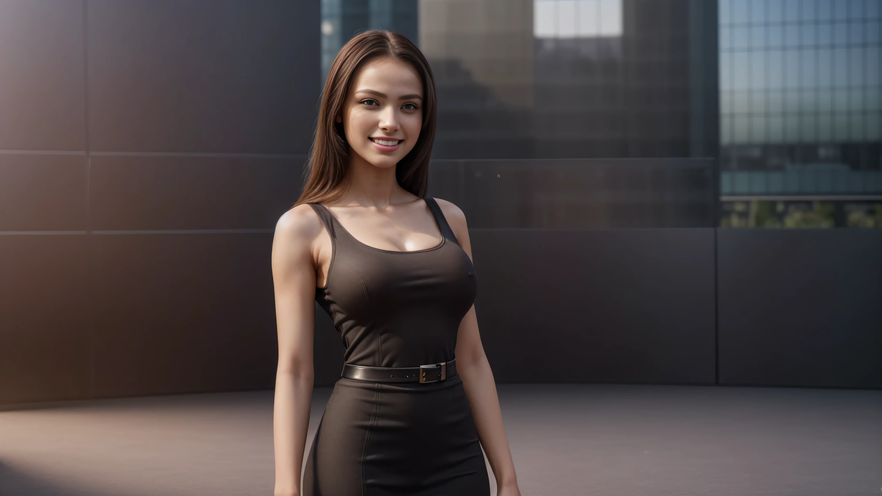 8k, masterpiece, RAW photo, best quality, photorealistic, extremely detailed CG unity 8k wallpaper, Depth of field, Cinematic Light, Lens Flare, Ray tracing, (extremely beautiful face, beautiful lips, beautiful eyes), intricate detail face, ((ultra detailed skin)), ((1girl:1.9)), ((standing alone:1.9)), ((19years old)), (beautiful and aesthetic:1.2), (big smile:1.2), deep shadow, (sharp focus), [((Raiana-Elizabeth-Dilla:1.9))], pretty girl, (very slim slender fit-muscled body:1.9), (((business-style fashion:1.9))), (((modern office background:1.9))), (shiny skin), clear eyes, (pale skin), soft lighting, (flowing dark-black hair), (looking at viewer:1.9),highly detailed, ultra realistic, extremely detailed and realistic ((red:1.5)) clothes.