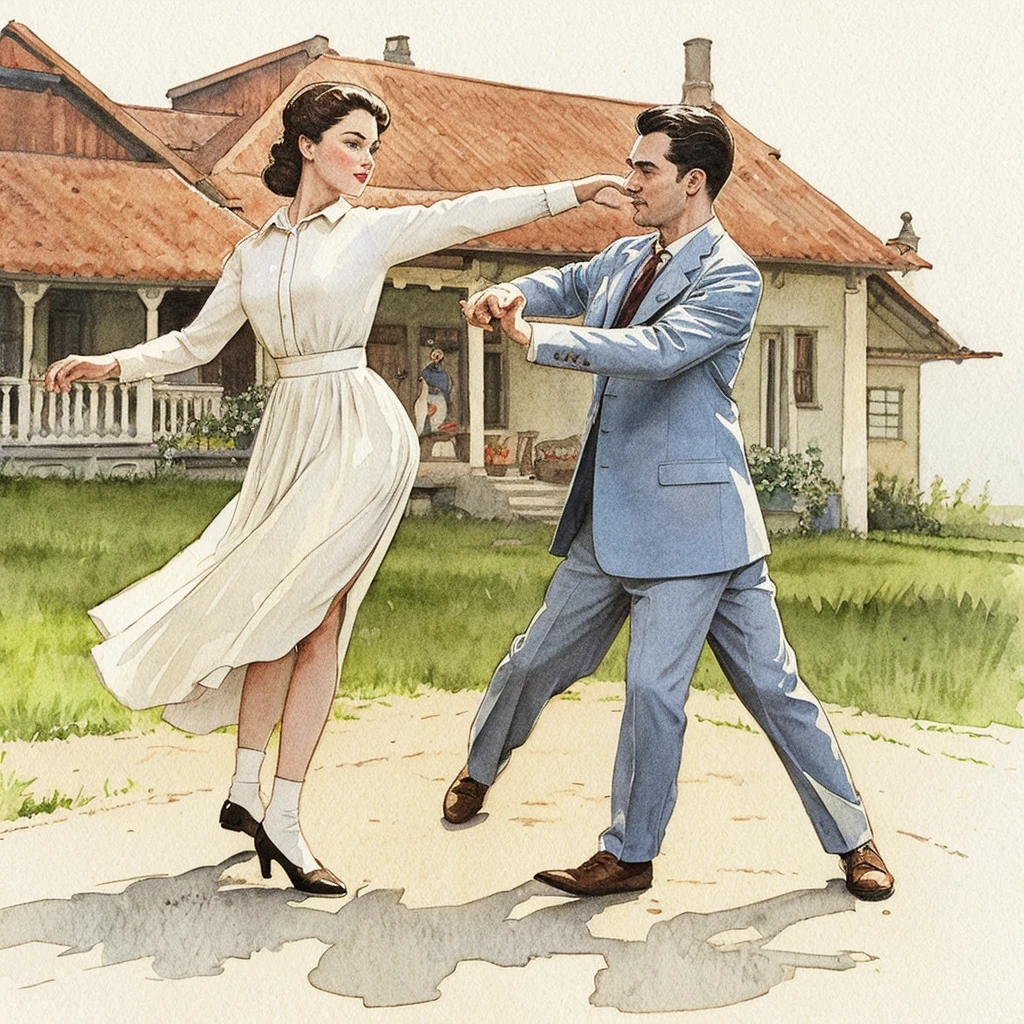 watercolor drawing in Retro-Look, rural saxones village, man and woman dance, full body shot, in the style of classic Americana, white background, Andrew Loomis style, Masterpiece work of art,