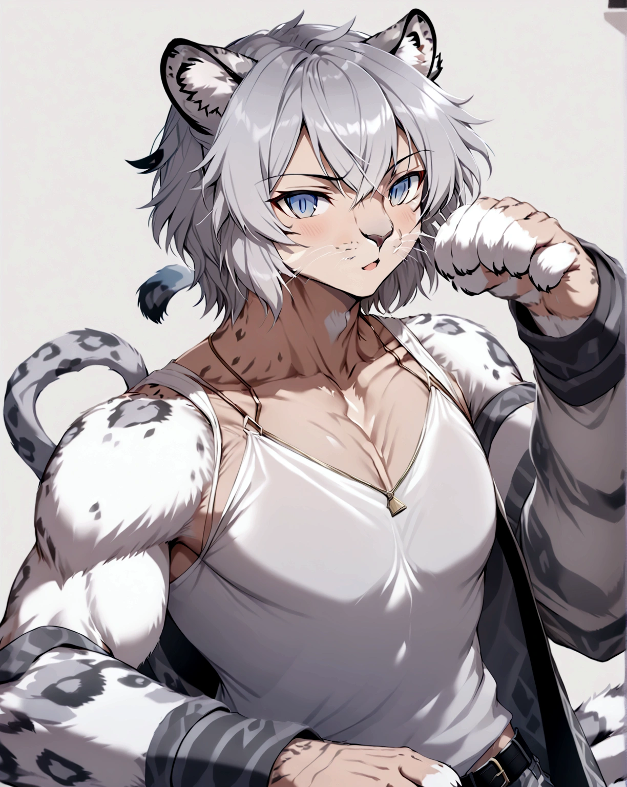 muscular man with snow leopard ears and tail