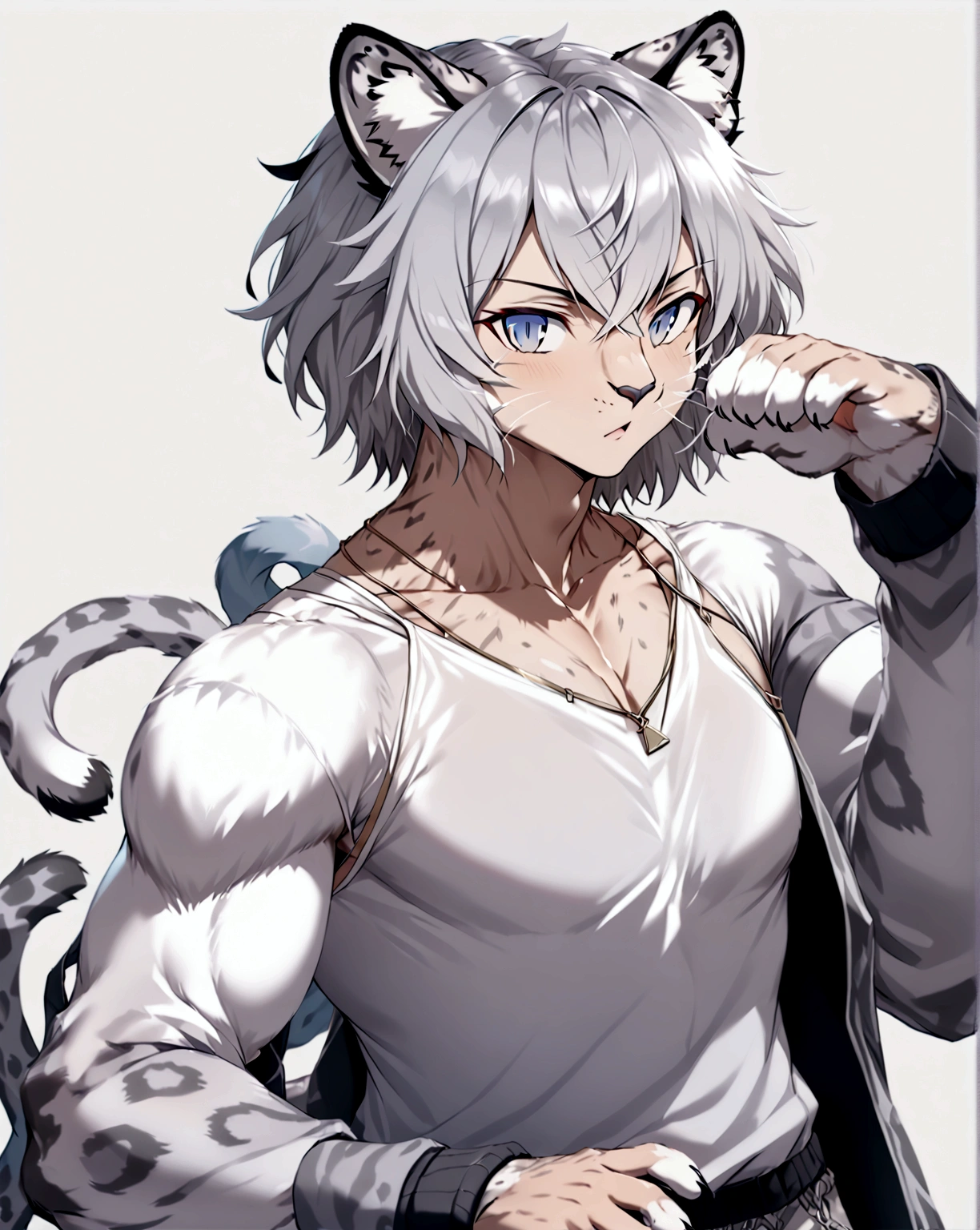 muscular man with snow leopard ears and tail