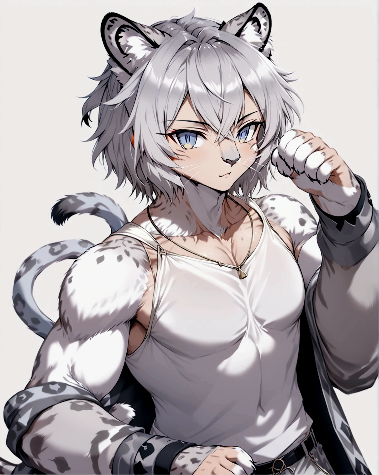 muscular man with snow leopard ears and tail