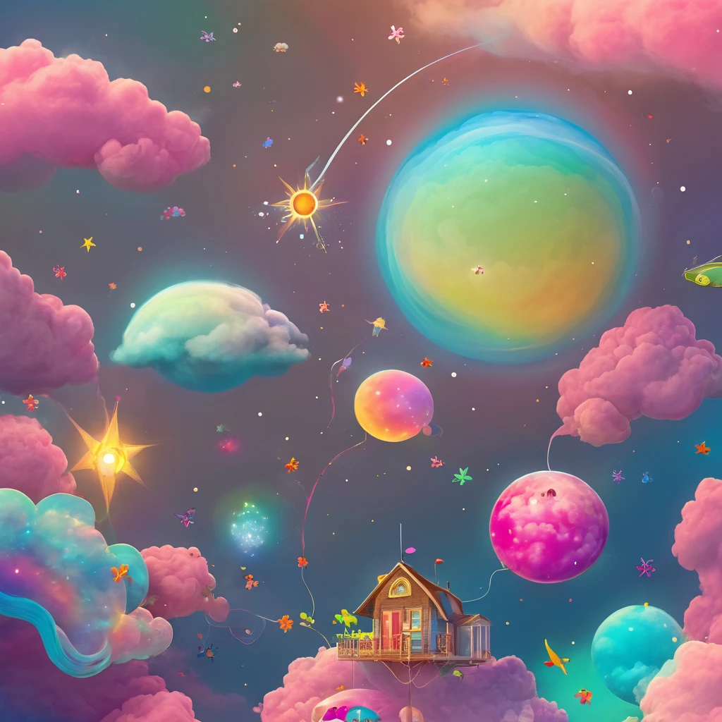 colorful, highly detailed, best quality, floating house on the clouds
