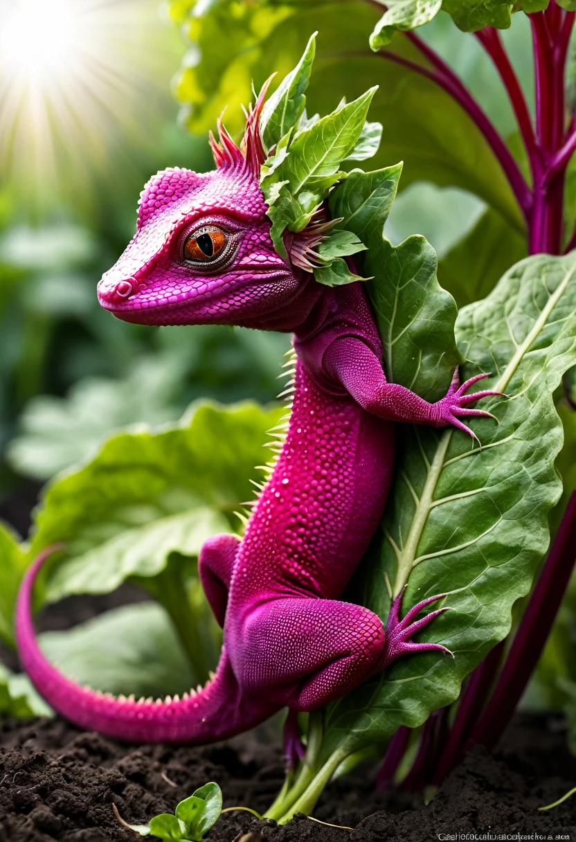 Create an extremely realistic and detailed image of a fusion between a lizard and a beet. The creature should have the main body of a gecko, with soft scales and a long, flexible tail. However, the texture and color of the scales should resemble the surface of a beet, with deep shades of purple and red, and a slightly rough appearance.
The creature's head should be a mixture of the two, with large, expressive eyes typical of a lizard, but with a shape and coloring reminiscent of a beet. The creature's mouth should be slightly curved in a graceful smile, with small teeth visible. Its legs should be slender and agile, like those of a lizard, but with a reddish hue that harmonizes with the rest of its body.
The creature should have green leaves sprouting from the top of its head and along its back, resembling the leaves of a beet. These leaves should be vibrant and healthy, creating an interesting contrast with the scaly, colorful body.
The creature's habitat should be a lush garden, full of vegetables and plants. The soil should be fertile and rich, with other visible beets growing around it. Soft sunlight should penetrate through the leaves of the plants, creating a welcoming and enchanting environment. The beet lizard should be positioned in a graceful posture, as if resting on a leaf or climbing a plant.
The image should be incredibly detailed, capturing all the nuances of this unique fusion, making it seem as if the beet lizard really exists in a magical, vibrant garden. The creature should convey a sense of grace and gentleness, with a delicate and charming smile, to look as realistic as possible.