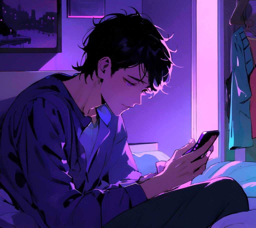 man looking at cell phone inside room, purple neon, messy bed, suru, smitten