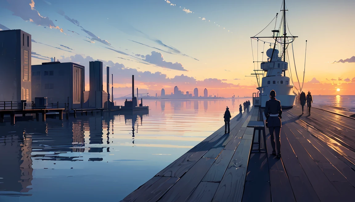 (masterpiece:1.5), (best quality:1.5), (extremely detailed:1.5), port, (sailing port), (industrial era:1.5), (people on line:1.5), line on dock, old dock, ((people waiting on dock)), water, sunet, sunset color, dark blue water, (view on sea), sunset color, sunset, stone port, large sea, (sea at horizon), sea,  great sea