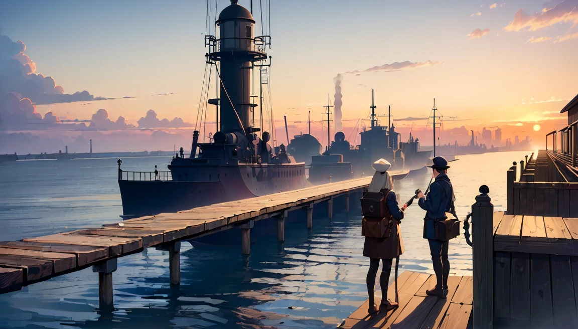 (masterpiece:1.5), (best quality:1.5), (extremely detailed:1.5), port, (sailing port), (industrial era:1.5), (people on line:1.5), line on dock, old dock, ((people waiting on dock)), water, sunet, sunset color, dark blue water, (view on sea), sunset color, sunset, stone port, large sea, (sea at horizon), sea,  great sea