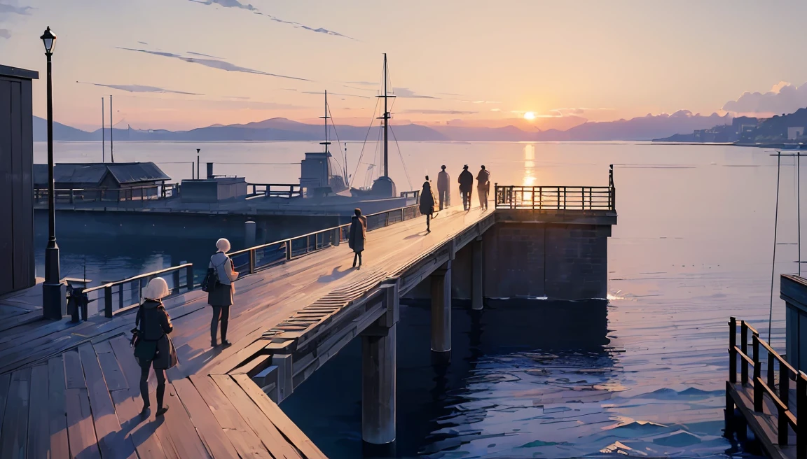 (masterpiece:1.5), (best quality:1.5), (extremely detailed:1.5), port, (sailing port), (industrial era:1.5), (people on line:1.5), line on dock, old dock, ((people waiting on dock)), water, sunet, sunset color, dark blue water, (view on sea), sunset color, sunset, stone port, large sea, (sea at horizon), sea, great sea