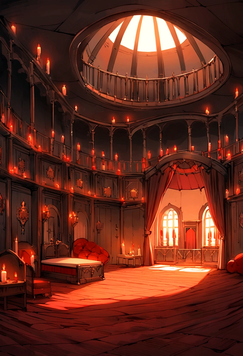 medieval castel room,bedroom,Bedroom in the room,big bed,Industrial-style, a lot of reds and orange and complimentary colors, candles, vast room