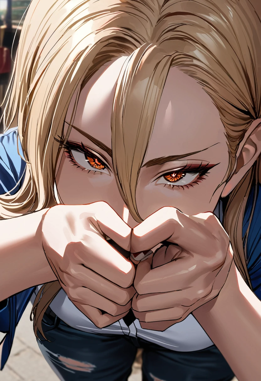 best quality, highest quality, masterpiece, ultra-detailed, hyper-detailed, award-winning, photorealistic background, cinematic lighting, trending on artstation, 8K wallpaper, extremely detailed, intricate, illustration, close-up portrait, powerdef, sharp teeth, cross-shaped pupils, blue jacket, long sleeves, white shirt, black necktie, torn jeans, Air Jordan 1 shoes, Power from Chainsaw man, blonde hair, open clothes, thick thighs, perfect face, very deep eyes, detailed eyes, sidelight, high-resolution, intricate details, detailed fingers, beautiful face, Chainsaw man, full-body, wiew from above, mature female, eyeshadow, mascara, hourglass figure, 