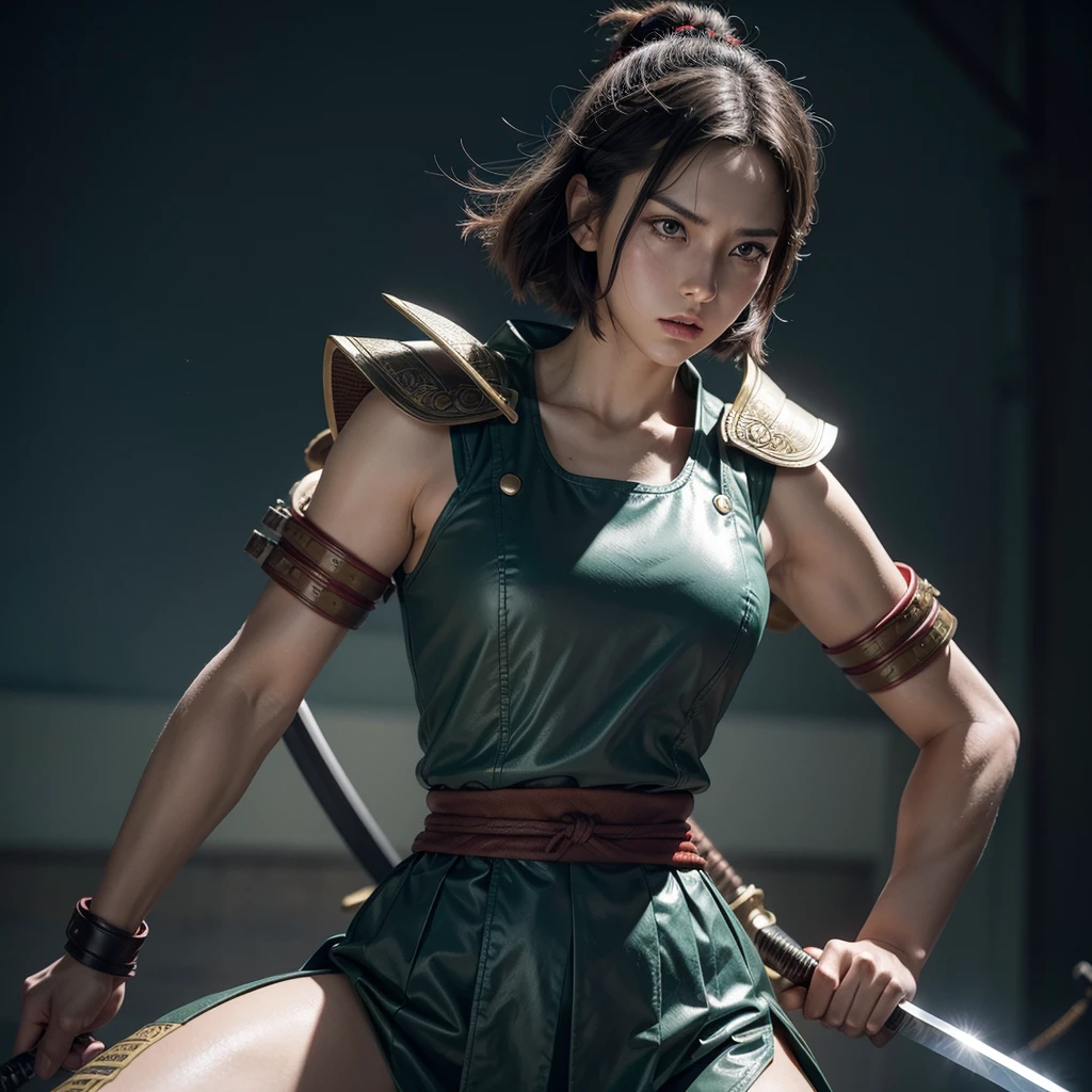 Generate a retro anime style image of a strong, tall, short-haired woman swordsman wearing samurai armor and a small broadsword