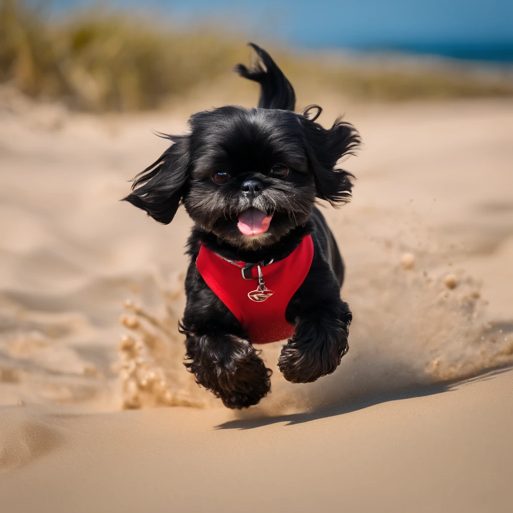 Adorable small black shih tzu wearing red sunglasses running at beach