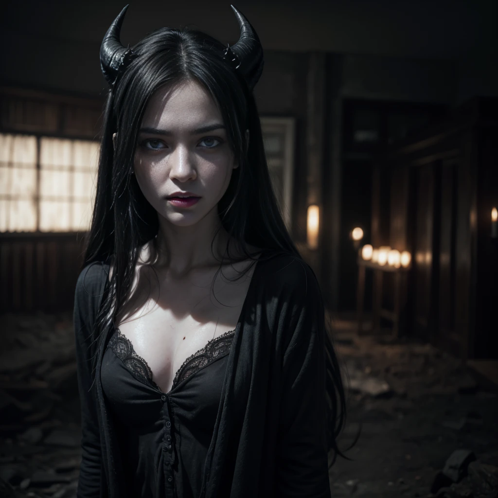 a demoniac woman, pale skin, long black hair, tattered dark clothing, twisted horns, glowing red eyes, sharp fangs, clawed hands, demonic wings, dark and gloomy atmosphere, (best quality,4k,8k,highres,masterpiece:1.2),ultra-detailed,(realistic,photorealistic,photo-realistic:1.37),dark fantasy,dramatic lighting,moody,chiaroscuro,cinematic
