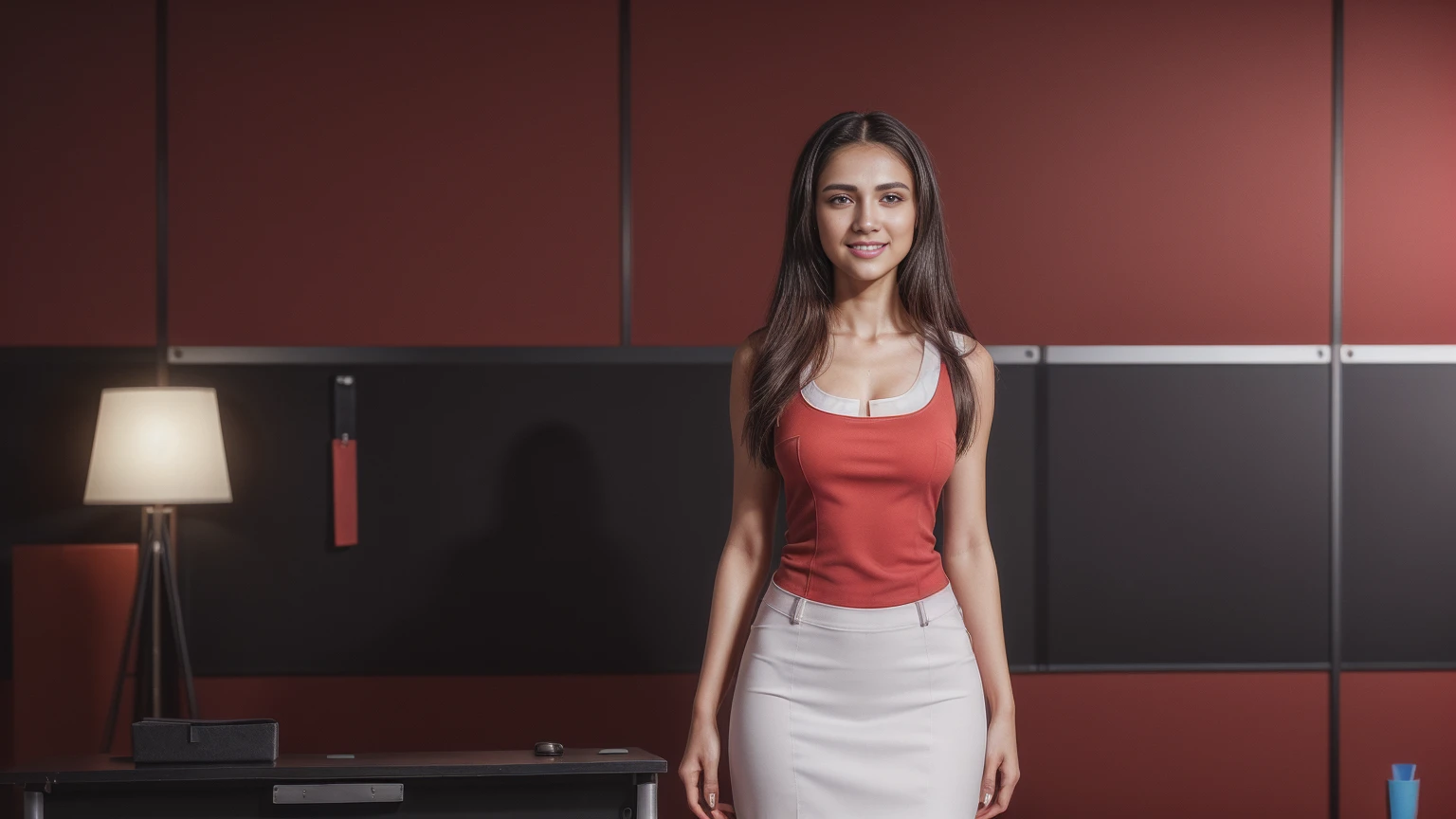 8k, masterpiece, RAW photo, best quality, photorealistic, extremely detailed CG unity 8k wallpaper, Depth of field, Cinematic Light, Lens Flare, Ray tracing, (extremely beautiful face, beautiful lips, beautiful eyes), intricate detail face, ((ultra detailed skin)), ((1girl:1.9)), ((standing alone:1.9)), ((19years old)), (beautiful and aesthetic:1.2), (big smile:1.2), deep shadow, (sharp focus), [((Raiana-Elizabeth-Dilla:1.9))], pretty girl, (very slim slender fit-muscled body:1.9), (((business-style fashion:1.9))), (((modern office background:1.9))), (shiny skin), clear eyes, (pale skin), soft lighting, (flowing dark-black hair), (looking at viewer:1.9),highly detailed, ultra realistic, extremely detailed and realistic ((red:1.5)) clothes.