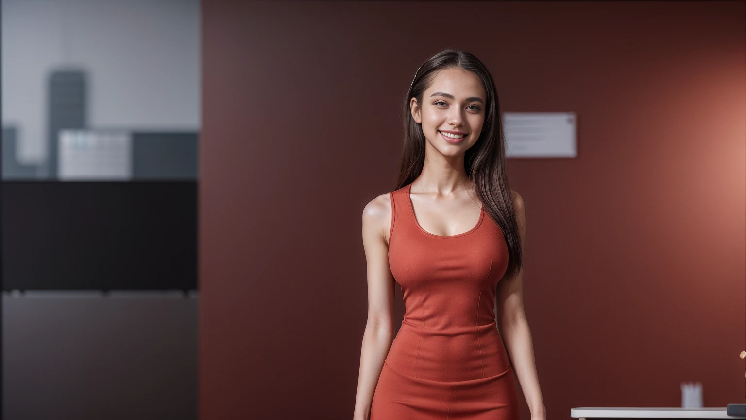 8k, masterpiece, RAW photo, best quality, photorealistic, extremely detailed CG unity 8k wallpaper, Depth of field, Cinematic Light, Lens Flare, Ray tracing, (extremely beautiful face, beautiful lips, beautiful eyes), intricate detail face, ((ultra detailed skin)), ((1girl:1.9)), ((standing alone:1.9)), ((19years old)), (beautiful and aesthetic:1.2), (big smile:1.2), deep shadow, (sharp focus), [((Raiana-Elizabeth-Dilla:1.9))], pretty girl, (very slim slender fit-muscled body:1.9), (((business-style fashion:1.9))), (((modern office background:1.9))), (shiny skin), clear eyes, (pale skin), soft lighting, (flowing dark-black hair), (looking at viewer:1.9),highly detailed, ultra realistic, extremely detailed and realistic ((red:1.5)) clothes.