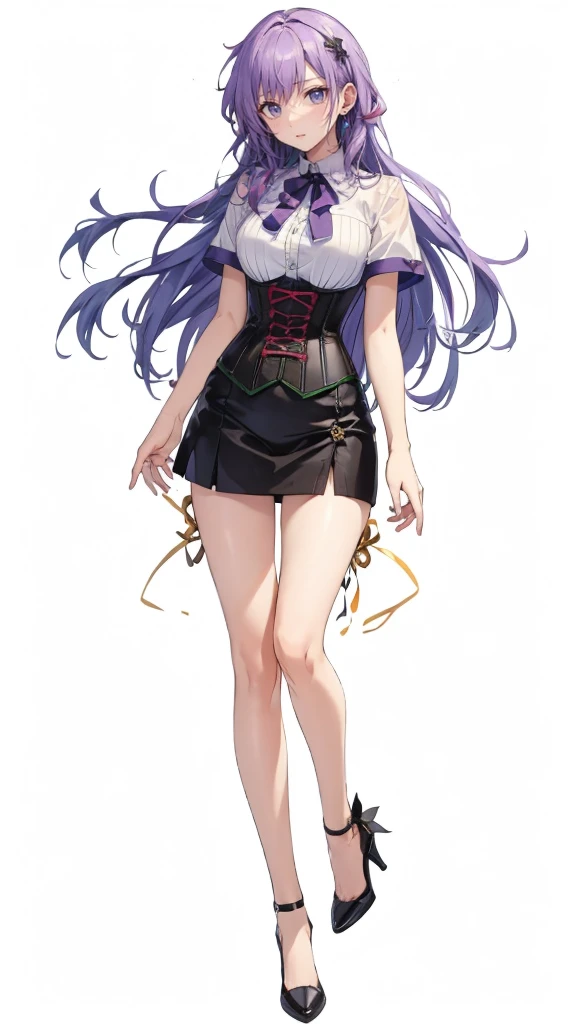 ((Perfect Face)),Purple Hair,Adult female,White shirt,((Shirt with rolled up sleeves)),(((Roll up your sleeves))),((corset)),short skirt,(High heels),((Simple White Background)),((full body)),((Full Body)),